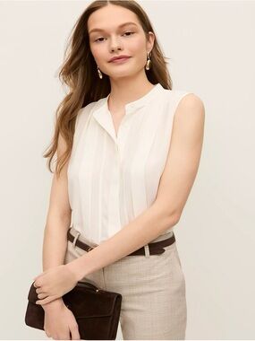 Ann Taylor Sleeveless Pleated Blouse **Beige / Tan** - Medium